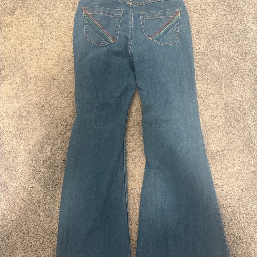 Forever 21 Retro Bell Bottom Blue Jeans Womens 28 High Rise Rainbow Embroidered